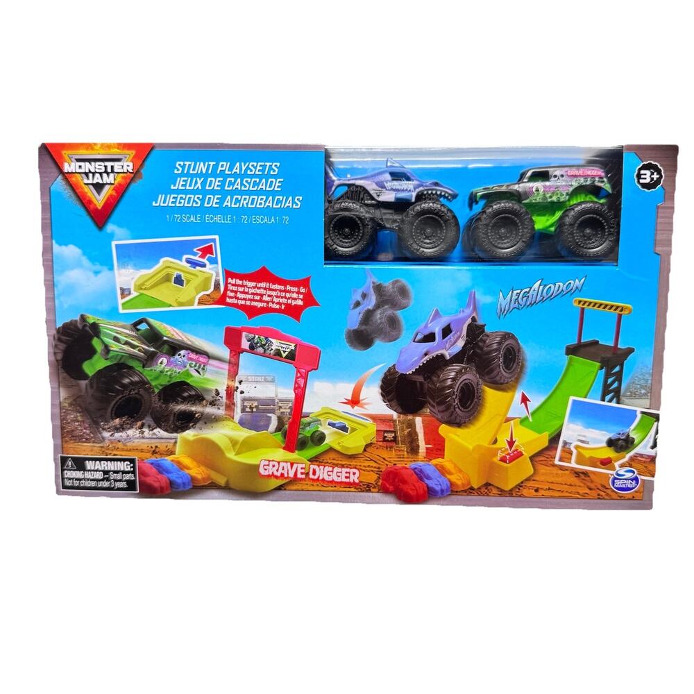 Monster Jam Monster Trucks Grave Digger & Megalodon Stunt Playset 1:72 New